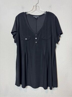 Elie McCarthy Plus Size Black V-Neck Short Sleeve Tunic Pleated Front Women’s 2X